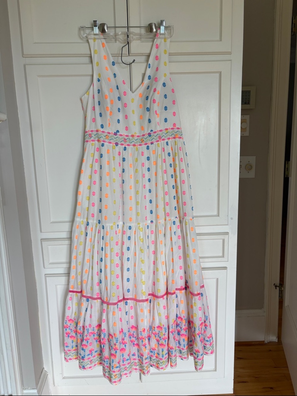 Lilly Pulitzer White Multicolor Polka Dot Tiered Dress with tie back size 12